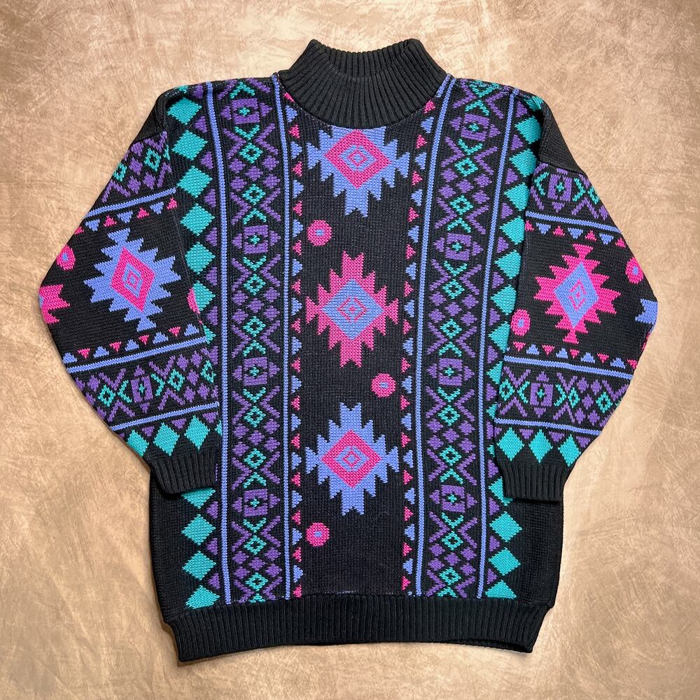 Vintage 80s Southwestern Aztec Tribal Knit Sweater Black Multicolor Mock Neck